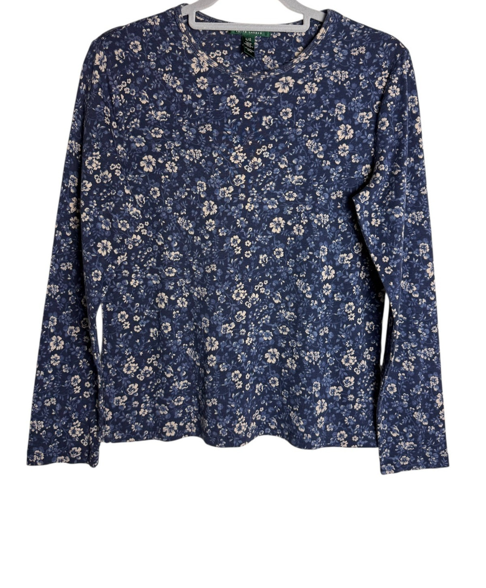 Lauren Ralph Lauren Navy Floral Long Sleeve Top 100% Cotton Preppy Womens Sz L